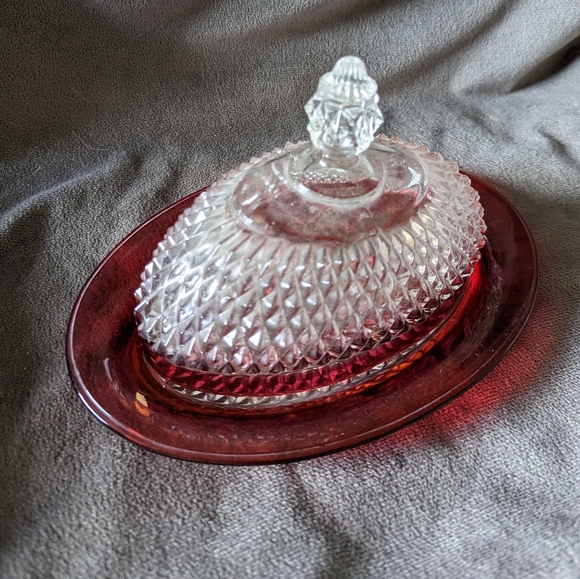 Indiana Glass Diamond Point Ruby Oval Covered Butter Dish - Picture 2 of 5